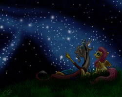 Size: 1280x1024 | Tagged: safe, artist:cartoonsilverfox, discord, fluttershy, draconequus, pegasus, pony, g4, female, galaxy, looking at something, looking away, looking up, male, night, pointing, ship:discoshy, shipping, sitting, spread wings, stargazing, starry night, stars, straight