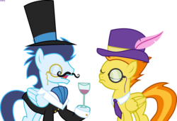 Size: 2488x1697 | Tagged: safe, artist:xebck, soarin', spitfire, pegasus, pony, g4, alcohol, classy, clothes, cufflinks, cuffs (clothes), drink, duo, eyes closed, facial hair, fake moustache, fancy, female, glass, hat, like a sir, male, mare, monocle, moustache, necktie, ship:soarinfire, shipping, simple background, stallion, straight, top hat, transparent background, vector, wine, wine glass