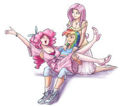 Size: 1280x1113 | Tagged: safe, artist:king-kakapo, fluttershy, pinkie pie, rainbow dash, human, g4, cleavage, clothes, dress, female, humanized, mary janes, ribbon, skirt, sneakers, stockings