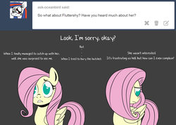 Size: 1400x998 | Tagged: safe, artist:dbkit, fluttershy, pegasus, pony, g4, apology, ask, implied dumbbell, offscreen character, sad, solo, tumblr