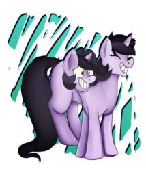 Size: 639x746 | Tagged: safe, artist:playgroundholocaust, oc, oc only, oc:topsy turvy, pony, unicorn, conjoined, conjoined twins, eyes closed, female, filly, grin, gritted teeth, teeth, two heads, wide eyes