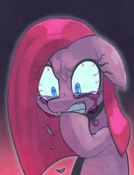 Size: 500x650 | Tagged: safe, artist:jirousan, part of a set, pinkie pie, earth pony, pony, g4, biting, bloodshot eyes, crying, female, floppy ears, frown, glare, gradient background, gritted teeth, hoof biting, mare, pinkamena diane pie, shrunken pupils, solo, wide eyes