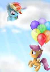 Size: 600x850 | Tagged: safe, artist:chanceyb, rainbow dash, scootaloo, pegasus, pony, g4, balloon, cloud, cloudy, cute, duo