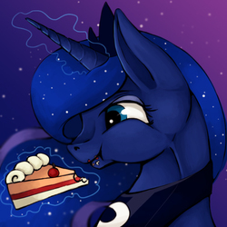 Size: 500x500 | Tagged: safe, artist:nyunimu, princess luna, g4, cake, eating, female, magic, solo, telekinesis