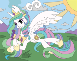 Size: 1009x794 | Tagged: safe, artist:the-paper-pony, princess celestia, bird, g4, female, prone, shadowbox, solo, spread wings