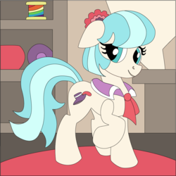 Size: 867x867 | Tagged: safe, artist:the-paper-pony, coco pommel, g4, female, floppy ears, rainbow thread, raised hoof, shadowbox, solo