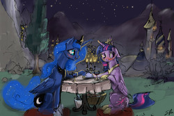 Size: 1280x853 | Tagged: safe, artist:silfoe, princess luna, twilight sparkle, alicorn, pony, royal sketchbook, g4, blushing, candle, canterlot, date, female, lesbian, mare, night, ship:twiluna, shipping, twilight sparkle (alicorn), wine