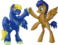 Size: 1415x1092 | Tagged: safe, artist:allocen, oc, oc only, oc:blue breeze, oc:zephyr verve, pegasus, pony, hoofbump, male, red eyes, stallion