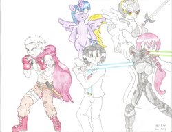 Size: 2202x1700 | Tagged: safe, artist:mc-ryan, twilight sparkle, alicorn, human, pony, g4, akihiko sanada, arianrhod, crossover, female, group, lightsaber, mare, mitsuru kirijo, persona 3, persona 4, steve sandgo, sword, twilight sparkle (alicorn)