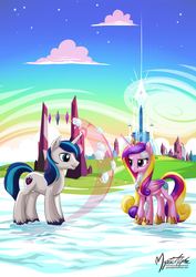 Size: 955x1351 | Tagged: safe, artist:mysticalpha, princess cadance, shining armor, g4, crystal empire, female, force field, frown, magic, male, ship:shiningcadance, shipping, smirk, snow, snowball, snowball fight, straight, unamused