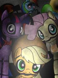 Size: 1536x2048 | Tagged: safe, artist:birdivizer, applejack, fluttershy, rainbow dash, twilight sparkle, pony, robot, robot pony, five nights at aj's, g4, animatronic, applefreddy, applefreddy fazjack's pizzeria, female, five nights at freddy's, flutterchica, foxy dash, solo, twibon