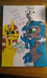 Size: 600x1002 | Tagged: safe, artist:askshywolf, queen chrysalis, oc, oc:poisoned soul, g4, canon x oc, changeling feeding, changelingified, chrysalislover, shipping