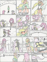 Size: 1244x1636 | Tagged: safe, artist:flicker-show, applejack, fluttershy, pinkie pie, pony, semi-anthro, g4, bipedal, comic, cowboy, crossover, gun, mexican standoff, the good the bad and the ugly, traditional art