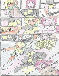 Size: 1244x1624 | Tagged: safe, artist:flicker-show, applejack, fluttershy, pinkie pie, pony, semi-anthro, g4, bandolier, bipedal, comic, cowboy, crossover, gun, mexican standoff, the good the bad and the ugly, traditional art