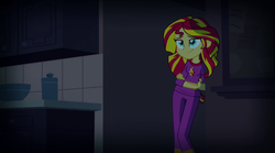 Size: 1280x714 | Tagged: safe, screencap, sunset shimmer, equestria girls, g4, my little pony equestria girls: rainbow rocks, clothes, lidded eyes, pajamas, smiling