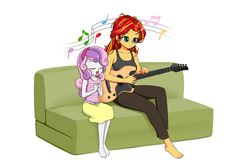Size: 1900x1267 | Tagged: safe, artist:twilite-sparkleplz, sunset shimmer, sweetie belle, equestria girls, g4, barefoot, clothes, couch, eyes closed, feet, guitar, missing shoes, open mouth, simple background, singing, sitting, skirt, sunset strummer, white background