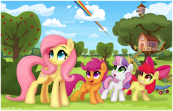 Size: 1590x1025 | Tagged: safe, artist:ctb-36, apple bloom, fluttershy, rainbow dash, scootaloo, sweetie belle, earth pony, pegasus, pony, unicorn, g4, :o, apple, apple bloom's bow, apple tree, blank flank, bow, bush, cloud, clubhouse, crusaders clubhouse, cute, cutie mark crusaders, eyebrows, eyebrows visible through hair, female, filly, foal, hair bow, looking up, mare, open mouth, rainbow trail, scooter, signature, sky, smiling, sweet apple acres, tree