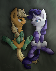 Size: 550x700 | Tagged: safe, artist:wave-realm, applejack, rarity, g4, bedroom eyes, clothes, female, lesbian, ship:rarijack, shipping, socks, striped socks