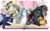 Size: 1197x746 | Tagged: safe, artist:c-puff, artist:mickeymonster, discord, king sombra, lord tirek, princess cadance, princess celestia, princess luna, queen chrysalis, shining armor, sunset shimmer, pony, antagonist, book, reading, stained glass, storybook, villains of equestria