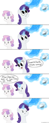 Size: 900x2260 | Tagged: safe, artist:tralalayla, rarity, sweetie belle, pony, unicorn, g4, :t, awkward, comic, dialogue, dot eyes, fabric, female, filly, foal, levitation, magic, mare, scissors, sex education, speech bubble, telekinesis