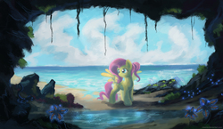 Size: 3800x2200 | Tagged: safe, artist:lukeine, fluttershy, pegasus, pony, g4, alternate hairstyle, beach, bioluminescent, cave, female, high res, looking at something, ocean, ponytail, scenery, solo, spread wings, standing, turned head, water, wings