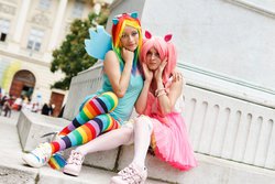 Size: 1024x683 | Tagged: safe, artist:amaicherry, pinkie pie, rainbow dash, human, g4, clothes, cosplay, irl, irl human, photo, rainbow socks, skirt, socks, striped socks, tank top