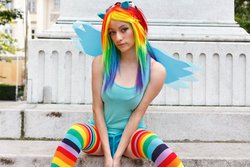 Size: 1024x683 | Tagged: safe, artist:amaicherry, rainbow dash, human, g4, clothes, cosplay, irl, irl human, photo, rainbow socks, socks, striped socks, tank top