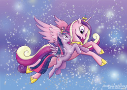 Size: 1984x1403 | Tagged: safe, artist:daisyamnell, princess cadance, twilight sparkle, alicorn, pony, g4, duo, female, flying, mare, sisters-in-law, twilight sparkle (alicorn)