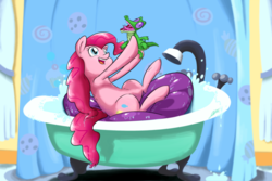 Size: 3063x2042 | Tagged: safe, artist:alskylark, gummy, pinkie pie, alligator, earth pony, pony, g4, bath, cute, diapinkes, duo, female, floaty, high res, mare, water, wet, wet mane