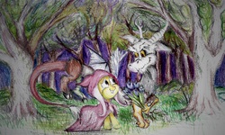 Size: 2073x1240 | Tagged: safe, artist:thatfrankster, discord, fluttershy, g4, colored pencil drawing, effects, female, forest, into the woods, little red riding hood, male, musical, poison joke, ship:discoshy, shipping, straight, traditional art