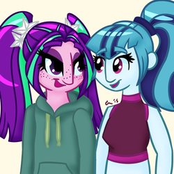 Size: 1000x1000 | Tagged: safe, artist:rivalcat, aria blaze, sonata dusk, equestria girls, g4, female, freckles, lesbian, midriff, ship:arisona, shipping