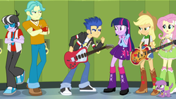 Size: 1280x716 | Tagged: safe, screencap, applejack, brawly beats, flash sentry, fluttershy, ringo, spike, twilight sparkle, dog, equestria girls, g4, my little pony equestria girls: rainbow rocks, background human, flash drive (band), spike the dog, the rainbooms, twilight sparkle (alicorn)