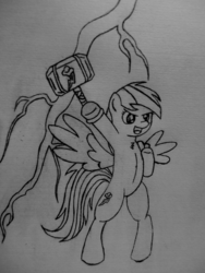 Size: 3240x4320 | Tagged: safe, artist:dravoxianart, rainbow dash, pegasus, pony, g4, bipedal, female, hammer, lightning, mare, mjölnir, monochrome, open mouth, raised hoof, simple background, solo, thor, traditional art, underhoof, war hammer