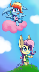 Size: 900x1625 | Tagged: safe, artist:heir-of-rick, fluttershy, rainbow dash, anthro, semi-anthro, g4, :p, :t, arm hooves, chibi, clothes, cloud, cloudy, cute, floppy ears, fluffy, hoof hold, impossibly large ears, lollipop, sitting, smiling, spread wings, tongue out