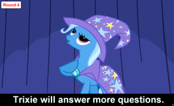 Size: 1600x973 | Tagged: safe, trixie, pony, unicorn, comic:celestia's servant interview, g4, cape, caption, clothes, cs captions, female, hat, interview, mare, solo, trixie's cape, trixie's hat