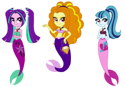 Size: 4250x2950 | Tagged: safe, artist:rebelprincess59, adagio dazzle, aria blaze, sonata dusk, mermaid, equestria girls, g4, bandeau, belly button, eqg promo pose set, jewelry, looking at you, mermaid tail, mermaidized, midriff, necklace, pendant, simple background, the dazzlings, white background