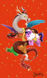 Size: 740x1229 | Tagged: safe, artist:audrarius, discord, twilight sparkle, pony, sheep, g4, chinese new year, duo, frown, holding a pony, open mouth, smiling, twilight sheeple, twilight sparkle is not amused, unamused, year of the sheep