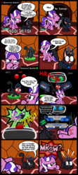 Size: 2000x4493 | Tagged: safe, artist:magerblutooth, diamond tiara, oc, oc:dazzle, cat, pony, robot, comic:diamond and dazzle, g4, blushing, body swap, burned butt, butt, comic, eaten alive, embarrassed, endosoma, eye swap, female, filly, foal, internal, laser, missing accessory, plot, r.o.b., surprised, tiara, video game, vore, wide eyes