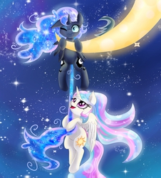 Size: 5500x6090 | Tagged: safe, artist:magnaluna, princess celestia, princess luna, alicorn, abstract background, absurd resolution, both cutie marks, crescent moon, cute, ethereal mane, female, mare, moon, night, open mouth, pain, sisters, starry mane, stars, tail pull, tangible heavenly object, transparent moon