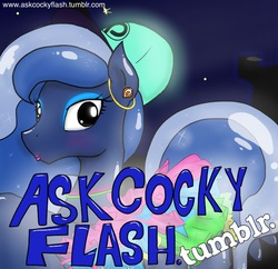 Size: 786x762 | Tagged: safe, artist:askcockyflash, princess luna, g4, blushing, female, glowing, lipstick, night, patreon, rave, sample, solo, tumblr