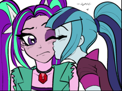 Size: 1027x768 | Tagged: safe, artist:rileyav, color edit, aria blaze, sonata dusk, equestria girls, g4, blushing, cheek kiss, colored, duo, female, kissing, lesbian, ship:arisona, shipping