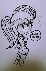 Size: 627x958 | Tagged: safe, artist:patterndream, sonata dusk, human, equestria girls, g4, blush sticker, blushing, dialogue, female, hat, monochrome, sitting, solo, stool, taco, that girl sure loves tacos, traditional art