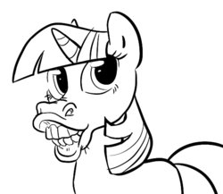 Size: 552x479 | Tagged: safe, artist:rustydooks, twilight sparkle, g4, black and white, female, flehmen response, grayscale, hoers, horses doing horse things, monochrome, smiling, solo, teeth, wat