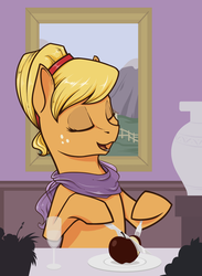 Size: 823x1126 | Tagged: safe, artist:28gooddays, applejack, earth pony, pony, g4, alternate hairstyle, apple, clothes, eyes closed, fancy, fancyjack, female, fork, freckles, knife, mare, open mouth, scarf, solo, vase