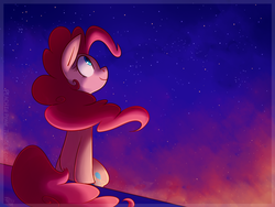 Size: 1280x960 | Tagged: safe, artist:saber-panda, pinkie pie, earth pony, pony, g4, cute, diapinkes, female, looking at something, mare, profile, sitting, solo, stargazing, starry sky, stars