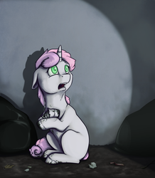 Size: 808x928 | Tagged: safe, artist:28gooddays, sweetie belle, pony, robot, robot pony, unicorn, g4, caught, crying, damaged, female, filly, floppy ears, foal, hooves, horn, injured, open mouth, sitting, solo, sweetie bot, teeth