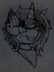 Size: 547x729 | Tagged: safe, artist:etch a sketch, oc, oc only, oc:sneak peek, pony, unicorn, bandana, grin, monochrome, portrait, traditional art