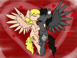 Size: 729x547 | Tagged: safe, artist:etch a sketch, oc, oc only, oc:etchasketch, oc:palette, digital art, duo, flying, gay, hearts and hooves day, kiss on the lips, kissing, male, paletch, shipping