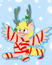 Size: 720x900 | Tagged: safe, artist:etch a sketch, oc, oc only, oc:palette, pegasus, pony, antlers, blushing, christmas, gift wrapped, heart eyes, holly, mistleholly, ribbon, sitting, wingding eyes