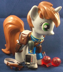 Size: 2482x2833 | Tagged: safe, artist:gryphyn-bloodheart, oc, oc only, oc:littlepip, pony, unicorn, fallout equestria, 3d print, accessory, clothes, customized toy, fanfic, fanfic art, female, funko, gun, handgun, healing potion, health potion, high res, hooves, horn, irl, jumpsuit, little macintosh, mare, photo, pipbuck, potion, revolver, rope, saddle bag, solo, toy, vault suit, weapon, zebra rifle